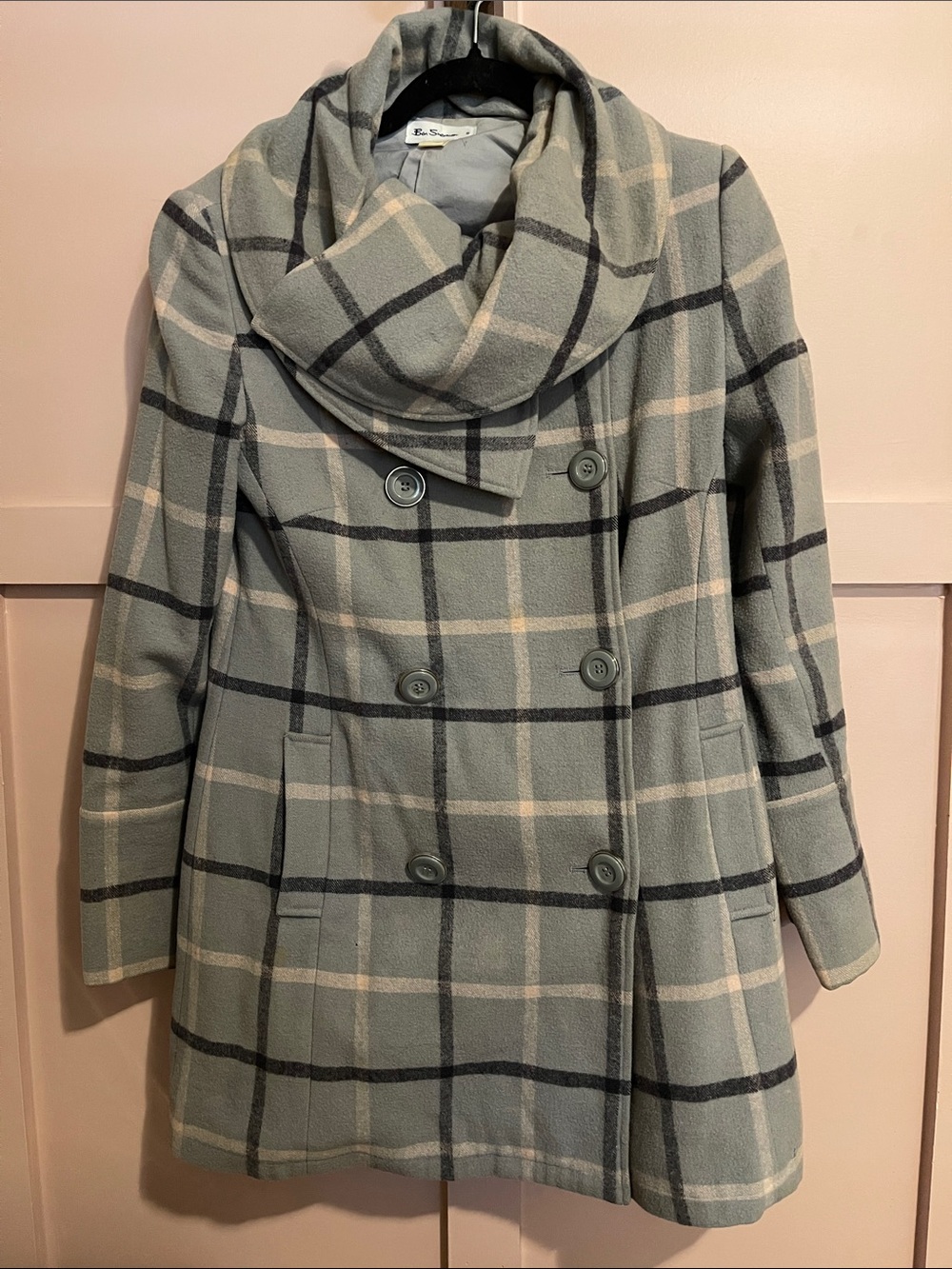 Ben Sherman Sage Plaid Double-Breasted Pea Coat